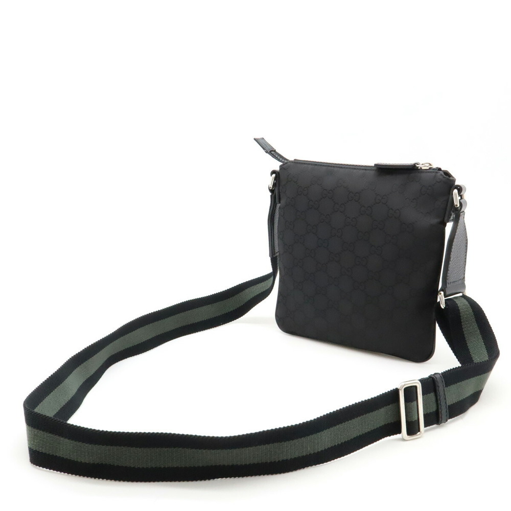 Gucci Bag Gray GG Nylon Sacoche Leather Crossbody Black Silver